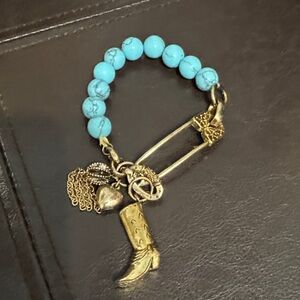 Turquoise and Gold Charm Stretchy Bracelet